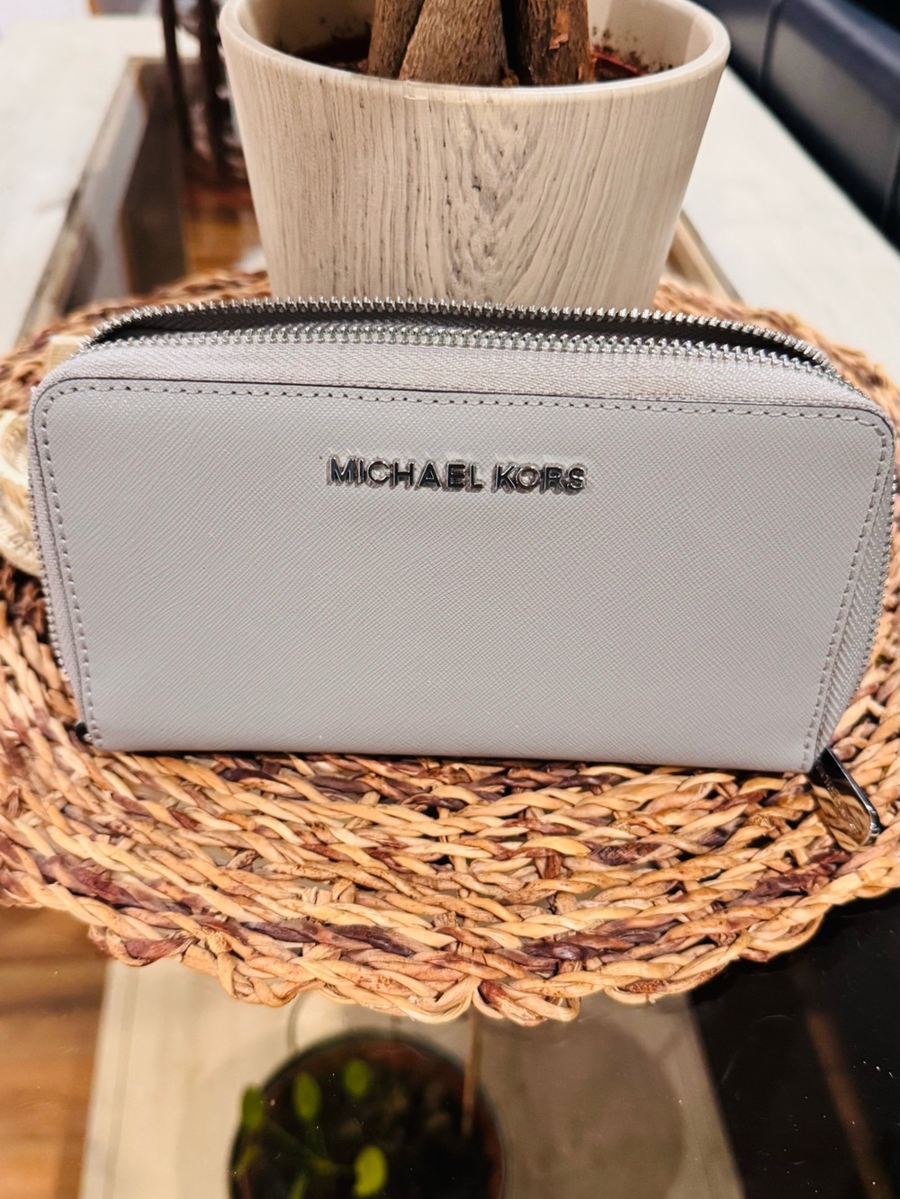 Michael Kors Light Gray Saffiano Zip Wallet